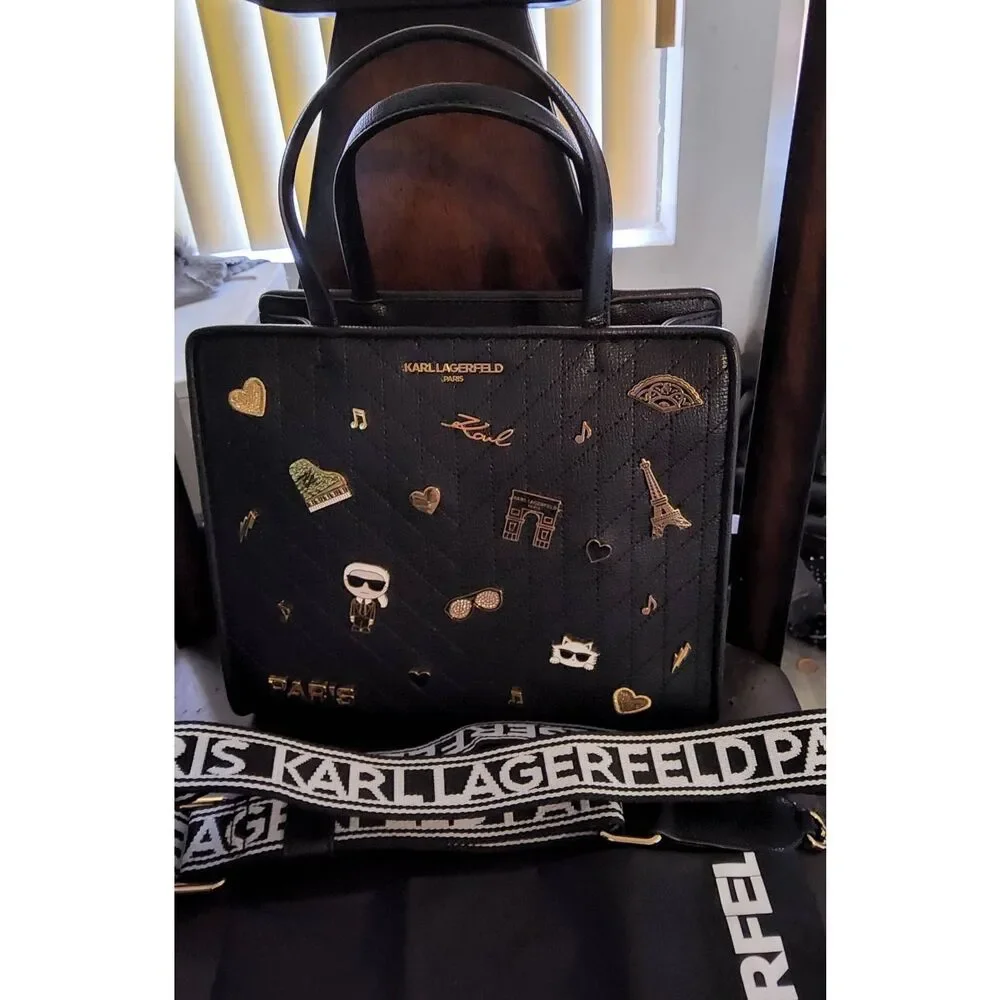 NWT~KARL LAGERFELD Women's Black/Gold Maybelle Pins Satchel Handbag Purse